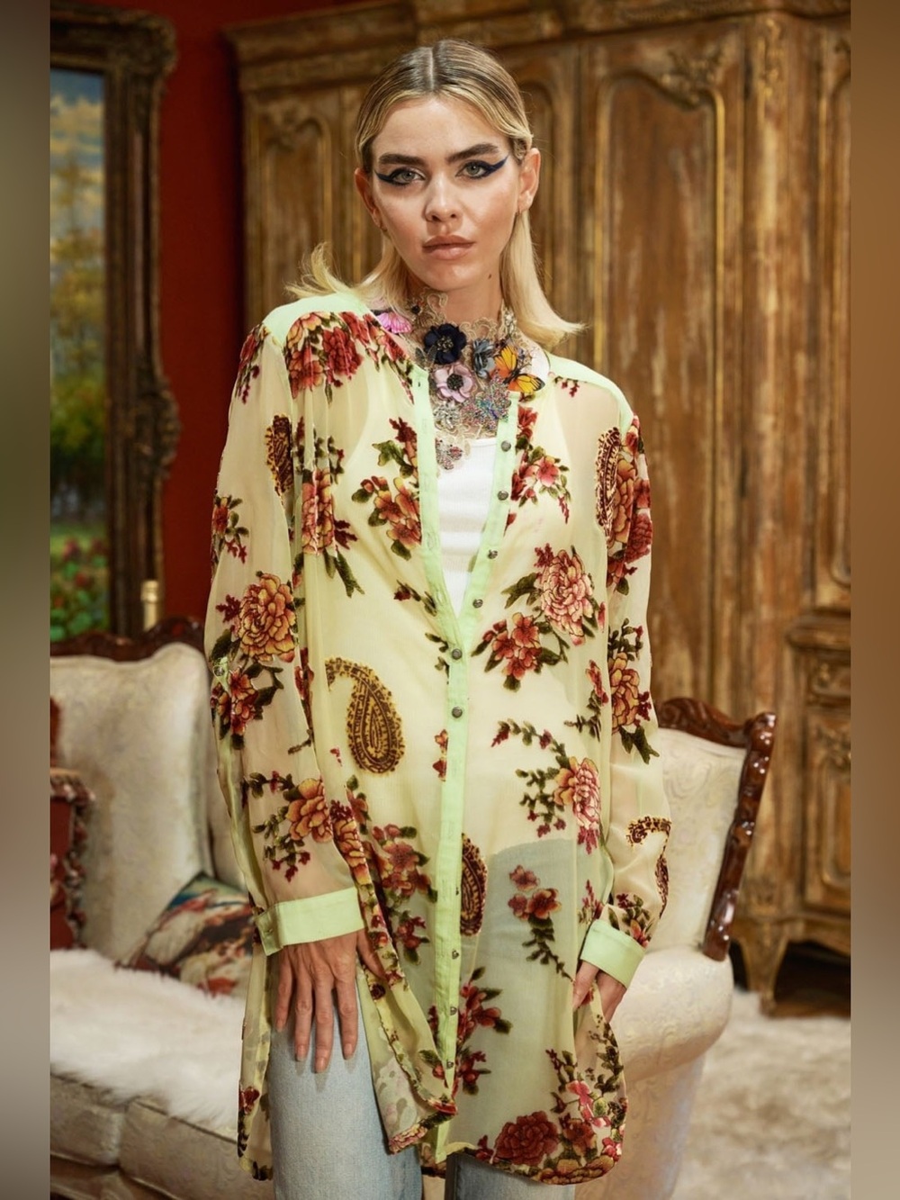 Aratta Dreamy Velvet Tunic Cream Sheer Floral Button-Down Tunic with Rose Accent
